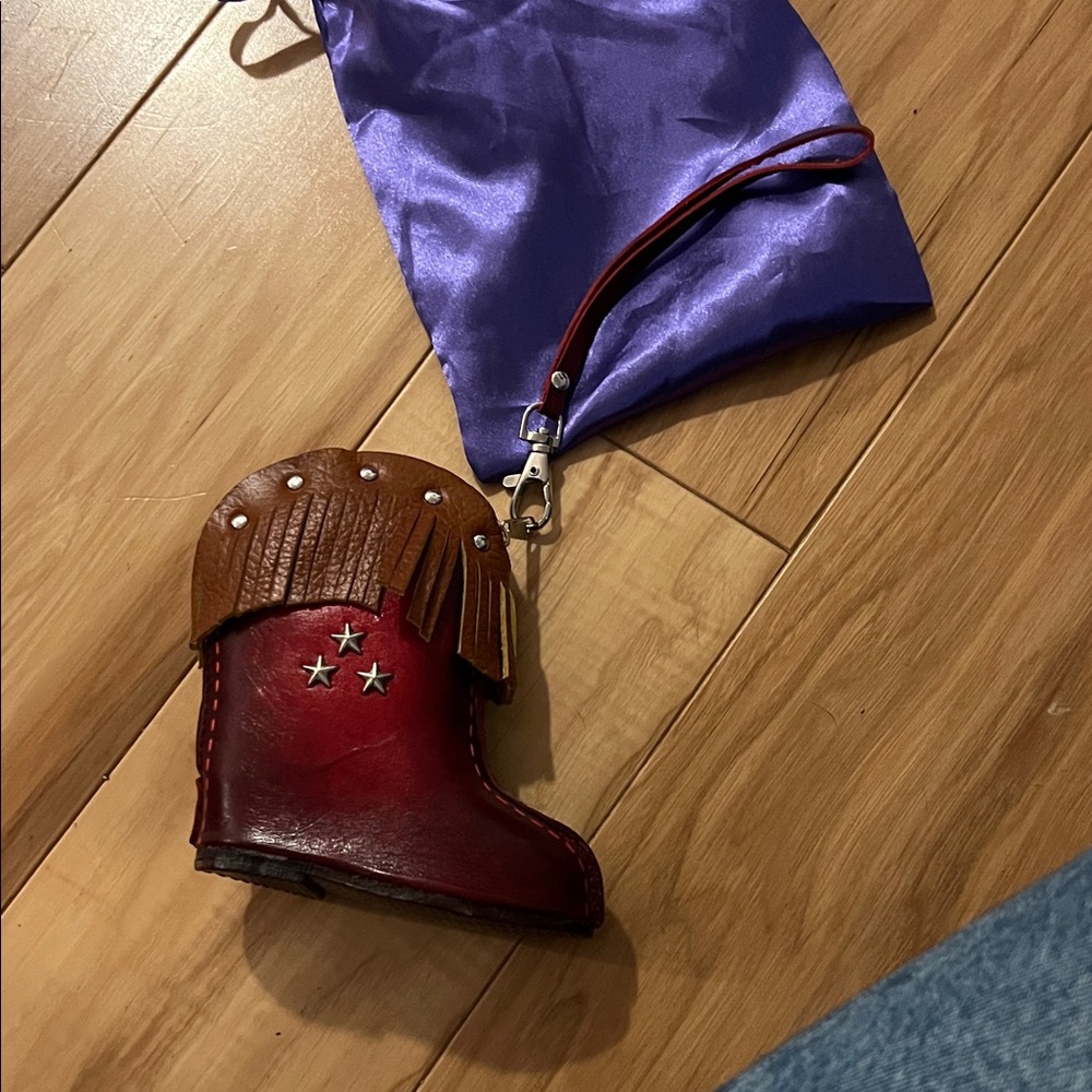 Red Western Boot Wristlet Keychain with Brown Fringe